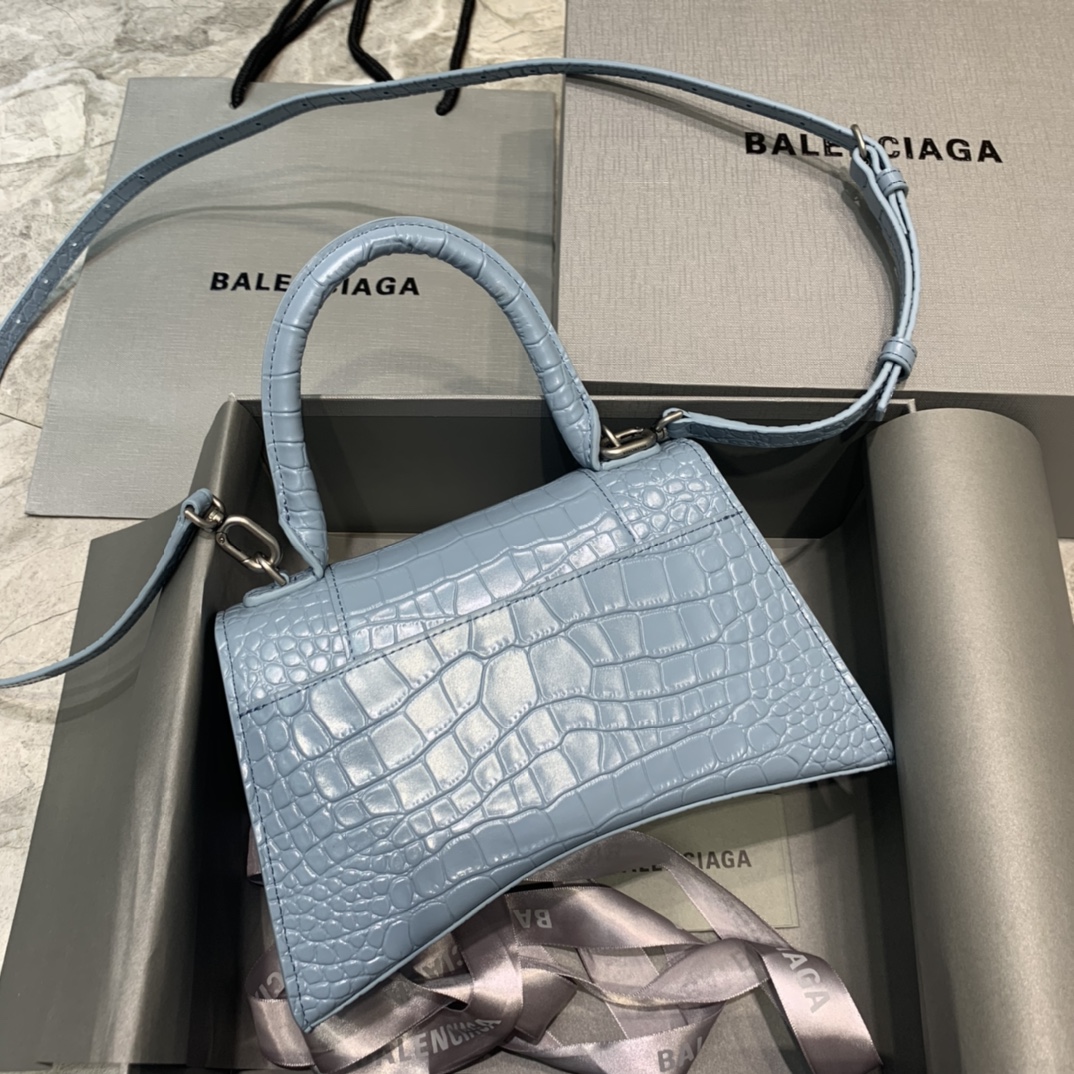 Balenciaga Hourglass Small Handbag Crocodile Embossed Shoulder Bag Haze Blue